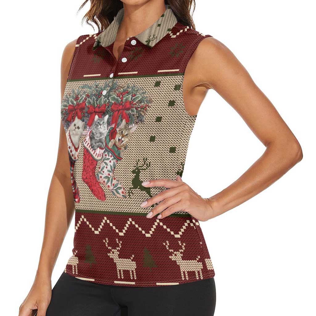 Cat And Sock Christmas Women Sleeveless Polo Shirt Xmas Holiday Patterns - Wonder Print Shop