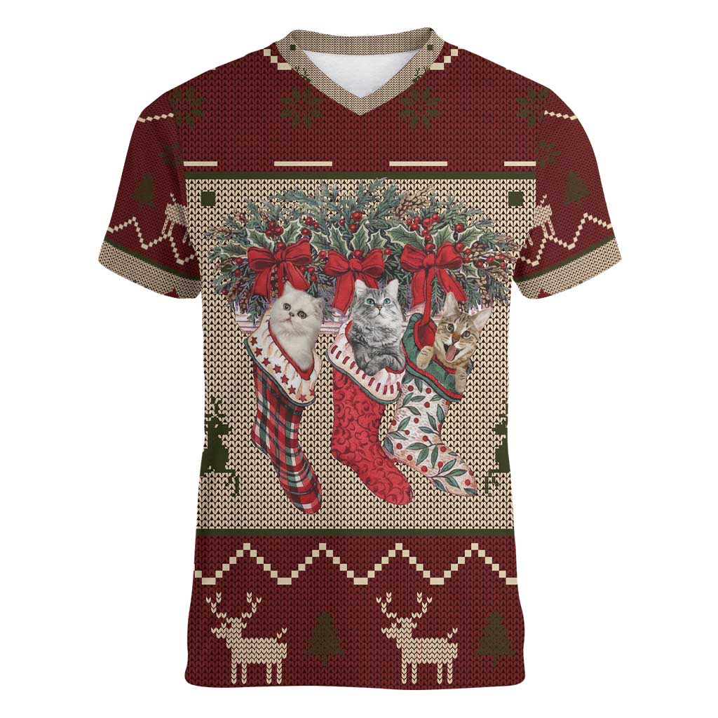 Cat And Sock Christmas Women V-Neck T-Shirt Xmas Holiday Patterns - Wonder Print Shop