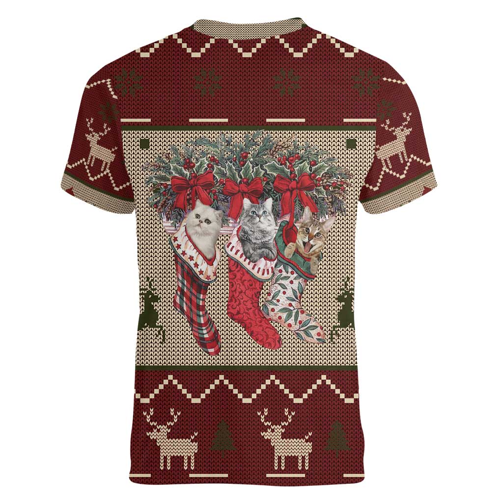 Cat And Sock Christmas Women V-Neck T-Shirt Xmas Holiday Patterns - Wonder Print Shop