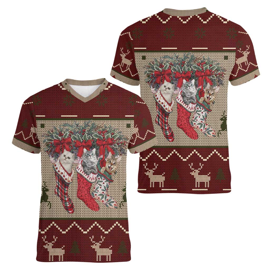 Cat And Sock Christmas Women V-Neck T-Shirt Xmas Holiday Patterns - Wonder Print Shop