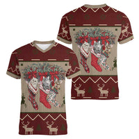 Cat And Sock Christmas Women V-Neck T-Shirt Xmas Holiday Patterns - Wonder Print Shop