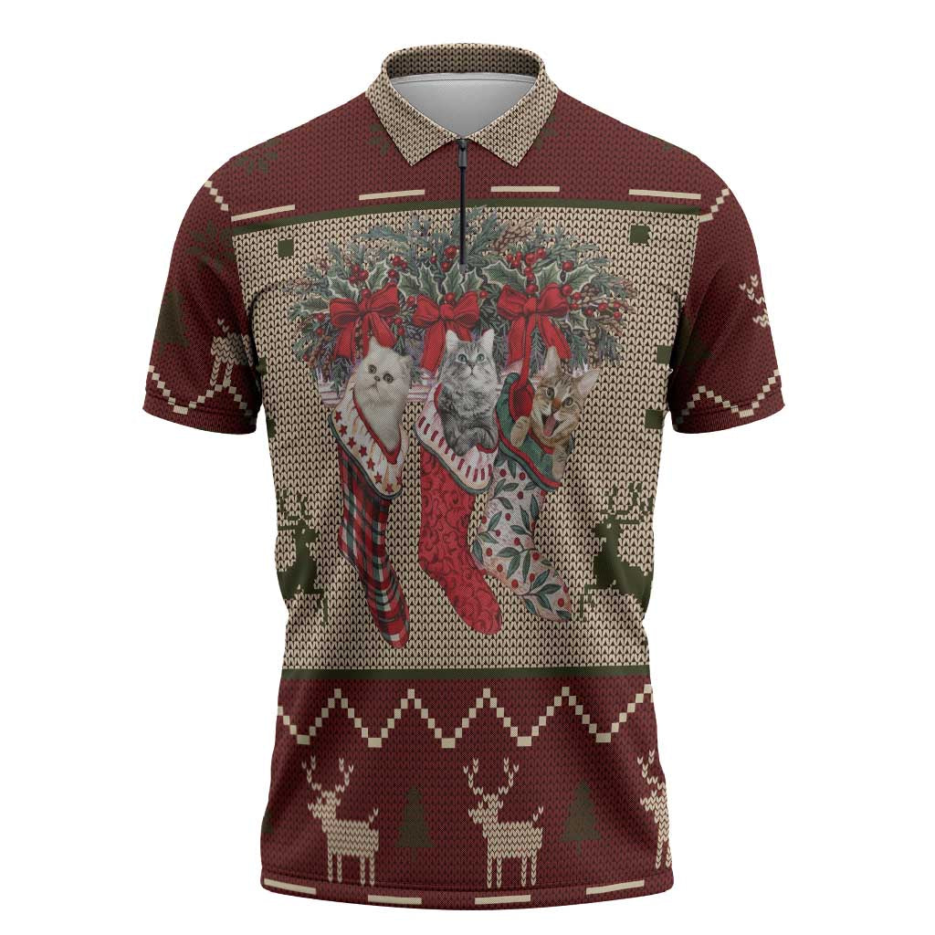 Cat And Sock Christmas Zipper Polo Shirt Xmas Holiday Patterns - Wonder Print Shop