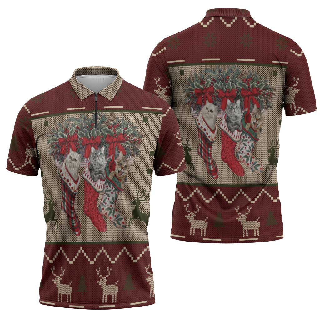 Cat And Sock Christmas Zipper Polo Shirt Xmas Holiday Patterns - Wonder Print Shop