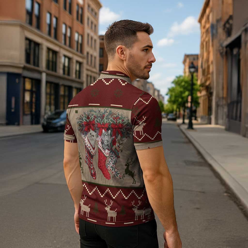 Cat And Sock Christmas Zipper Polo Shirt Xmas Holiday Patterns - Wonder Print Shop