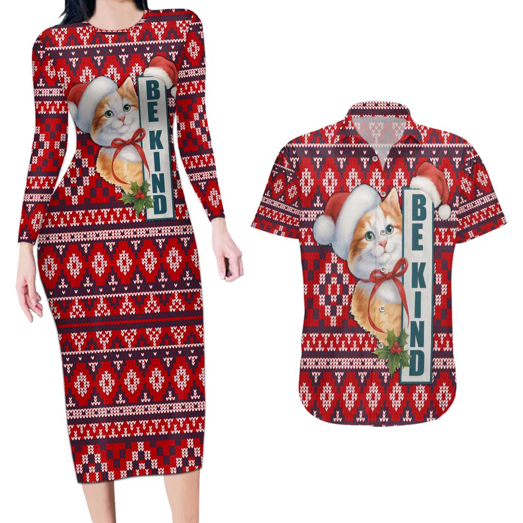 Cat Be Kind Christmas Couples Matching Long Sleeve Bodycon Dress and Hawaiian Shirt Xmas Holiday Patterns - Wonder Print Shop