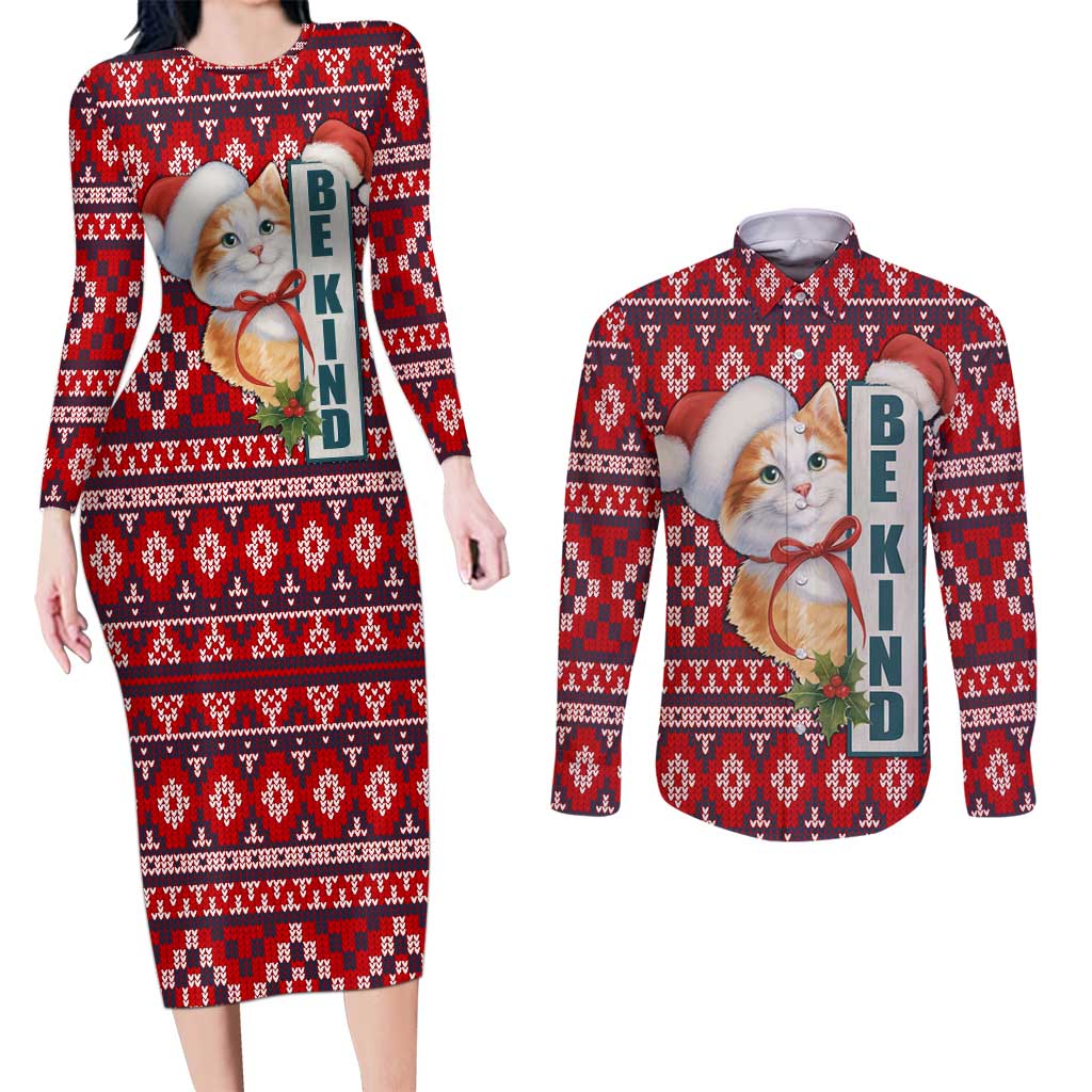 Cat Be Kind Christmas Couples Matching Long Sleeve Bodycon Dress and Long Sleeve Button Shirt Xmas Holiday Patterns - Wonder Print Shop