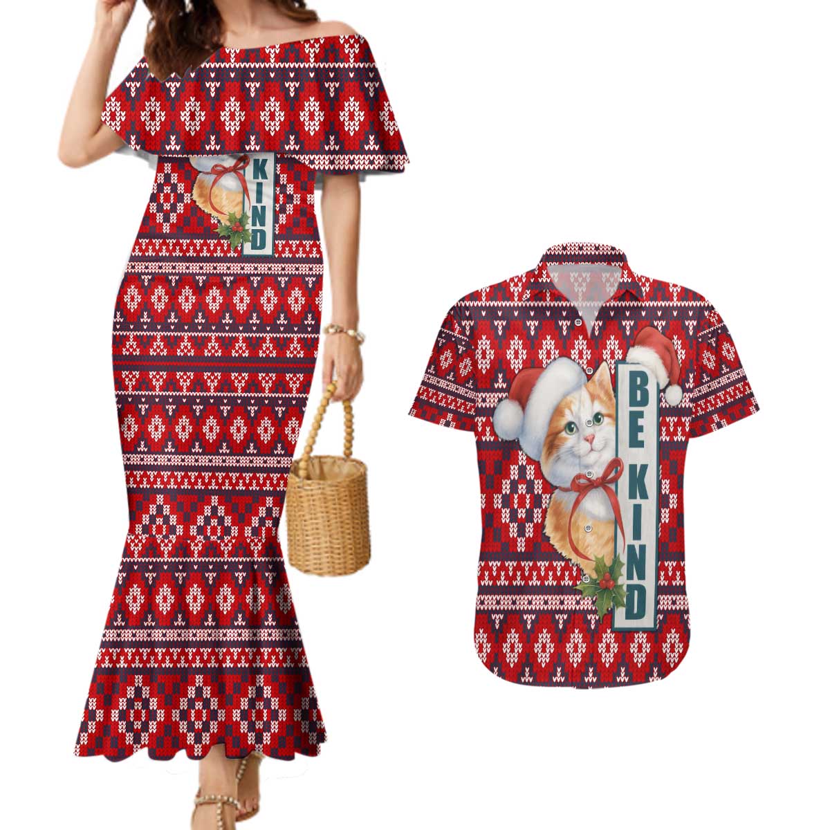 Cat Be Kind Christmas Couples Matching Mermaid Dress and Hawaiian Shirt Xmas Holiday Patterns - Wonder Print Shop