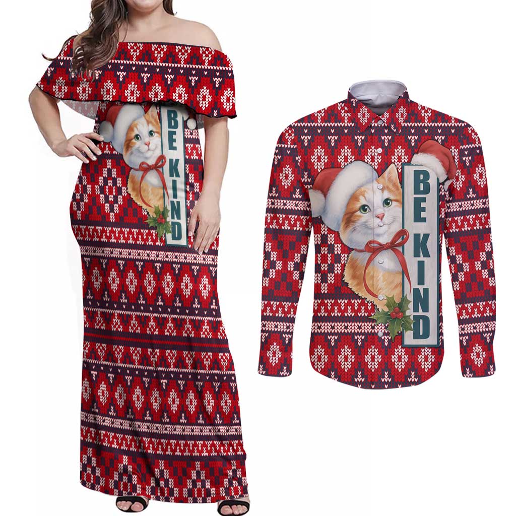 Cat Be Kind Christmas Couples Matching Off Shoulder Maxi Dress and Long Sleeve Button Shirt Xmas Holiday Patterns - Wonder Print Shop