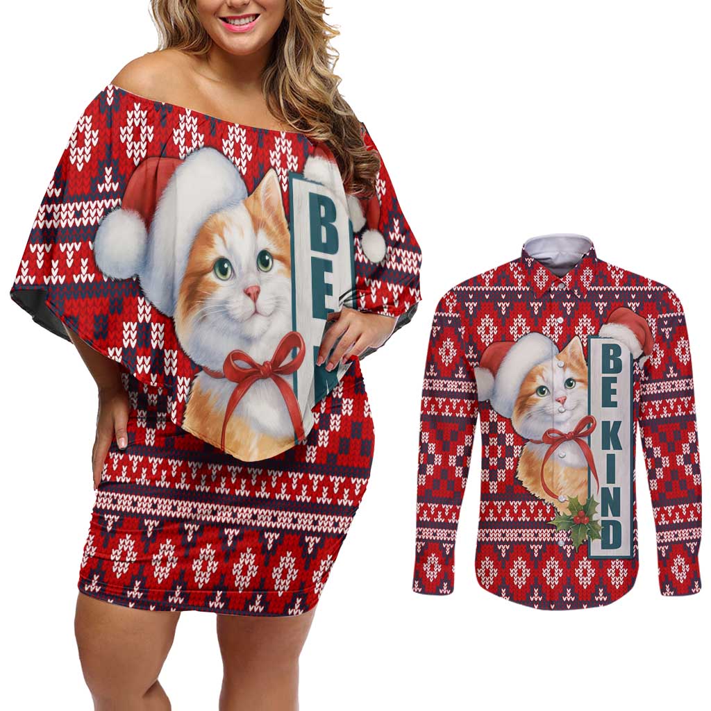 Cat Be Kind Christmas Couples Matching Off Shoulder Short Dress and Long Sleeve Button Shirt Xmas Holiday Patterns - Wonder Print Shop