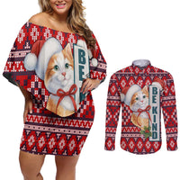 Cat Be Kind Christmas Couples Matching Off Shoulder Short Dress and Long Sleeve Button Shirt Xmas Holiday Patterns - Wonder Print Shop