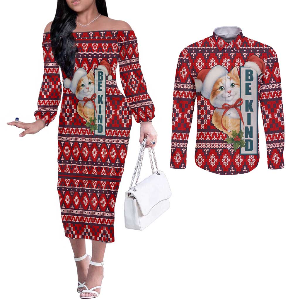 Cat Be Kind Christmas Couples Matching Off The Shoulder Long Sleeve Dress and Long Sleeve Button Shirt Xmas Holiday Patterns - Wonder Print Shop