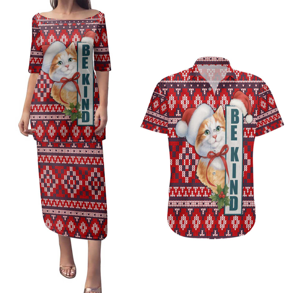 Cat Be Kind Christmas Couples Matching Puletasi and Hawaiian Shirt Xmas Holiday Patterns - Wonder Print Shop