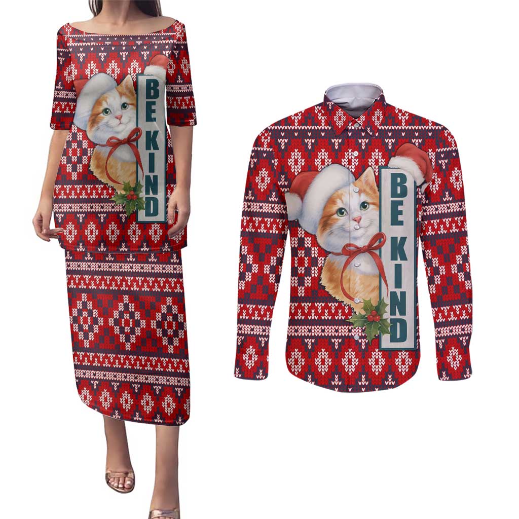 Cat Be Kind Christmas Couples Matching Puletasi and Long Sleeve Button Shirt Xmas Holiday Patterns - Wonder Print Shop