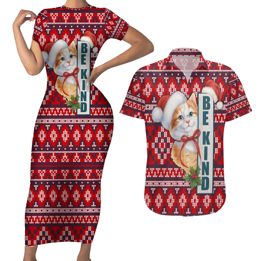Cat Be Kind Christmas Couples Matching Short Sleeve Bodycon Dress and Hawaiian Shirt Xmas Holiday Patterns - Wonder Print Shop
