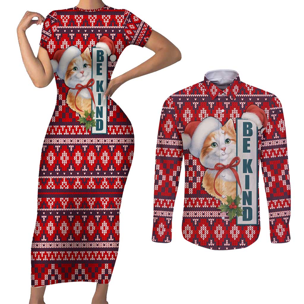 Cat Be Kind Christmas Couples Matching Short Sleeve Bodycon Dress and Long Sleeve Button Shirt Xmas Holiday Patterns - Wonder Print Shop