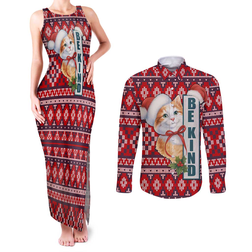 Cat Be Kind Christmas Couples Matching Tank Maxi Dress and Long Sleeve Button Shirt Xmas Holiday Patterns - Wonder Print Shop
