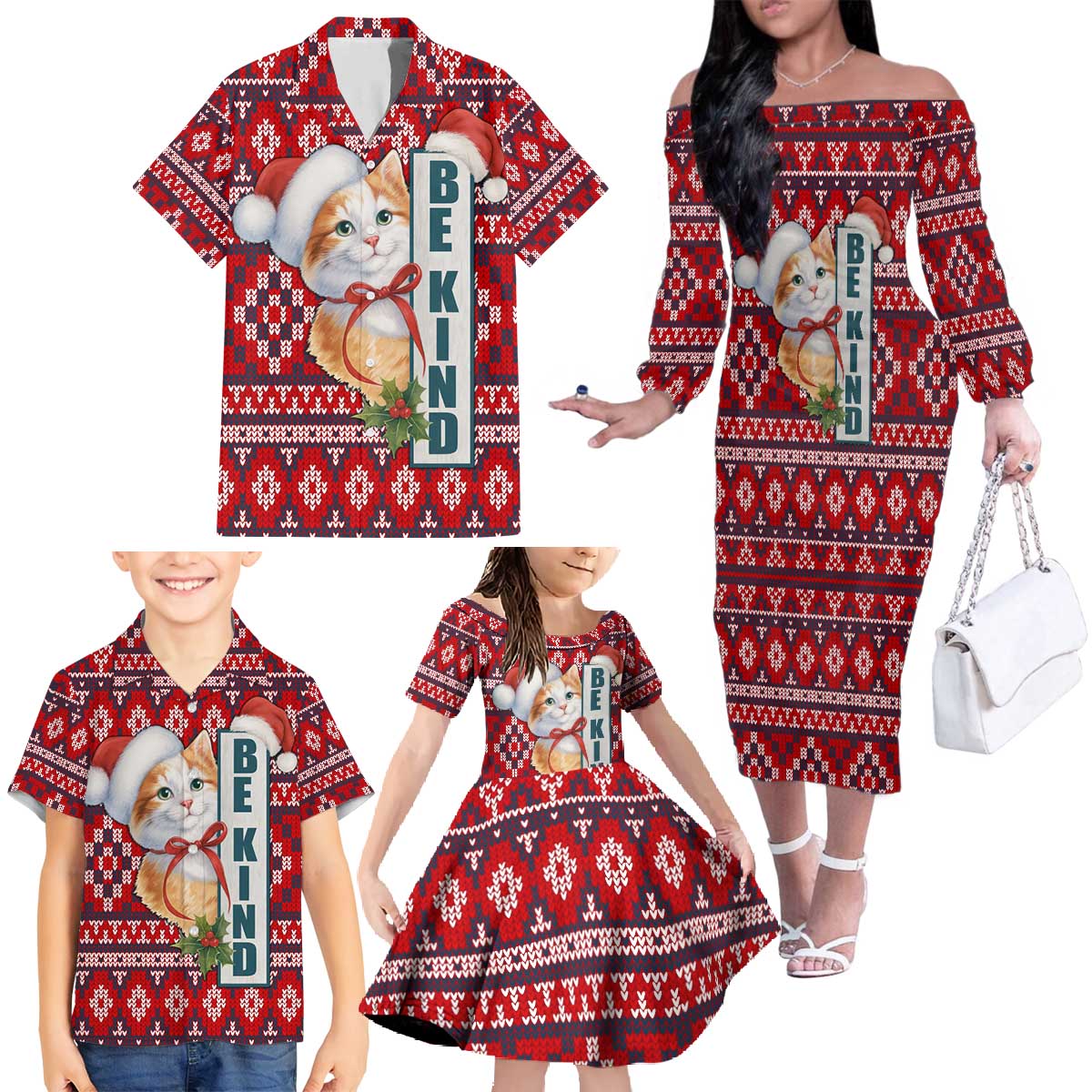 Cat Be Kind Christmas Family Matching Off The Shoulder Long Sleeve Dress and Hawaiian Shirt Xmas Holiday Patterns - Wonder Print Shop