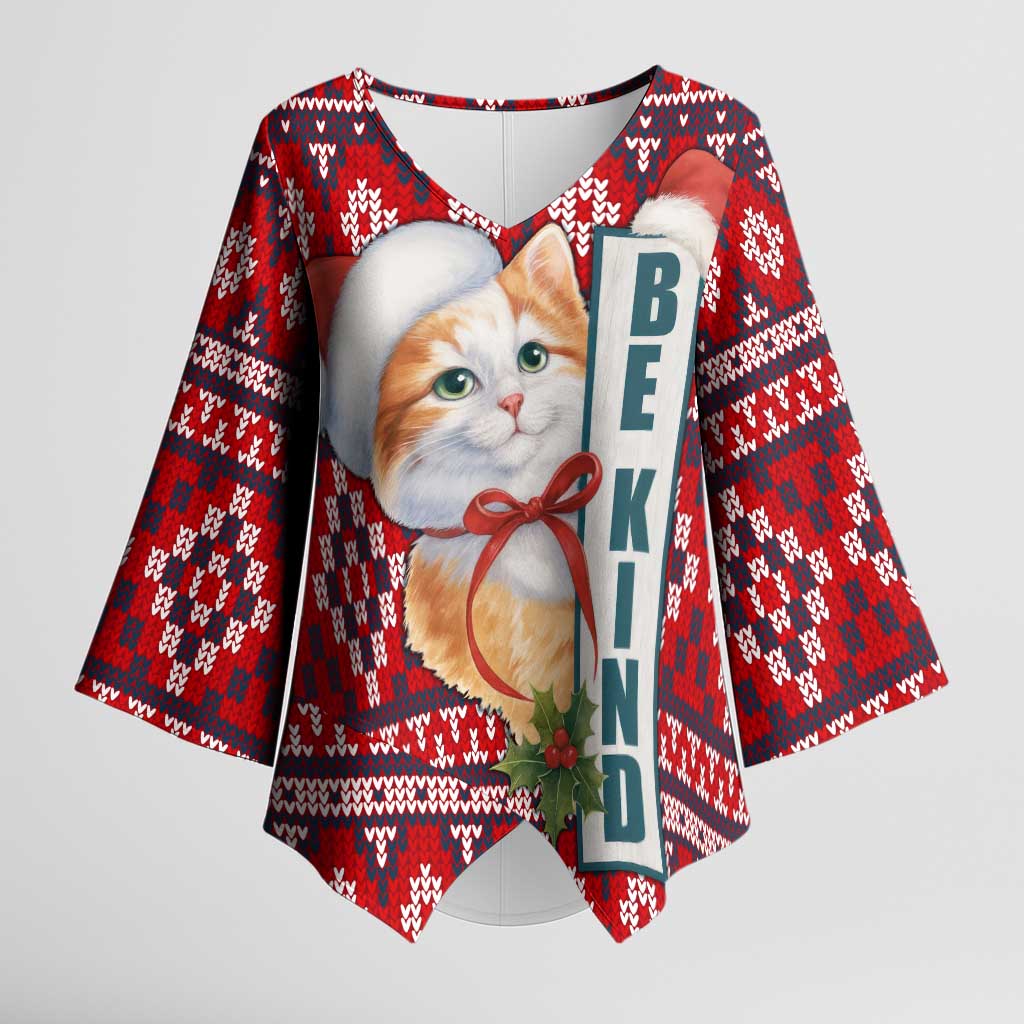 Cat Be Kind Christmas Kimono Sleeve Blouse Xmas Holiday Patterns - Wonder Print Shop