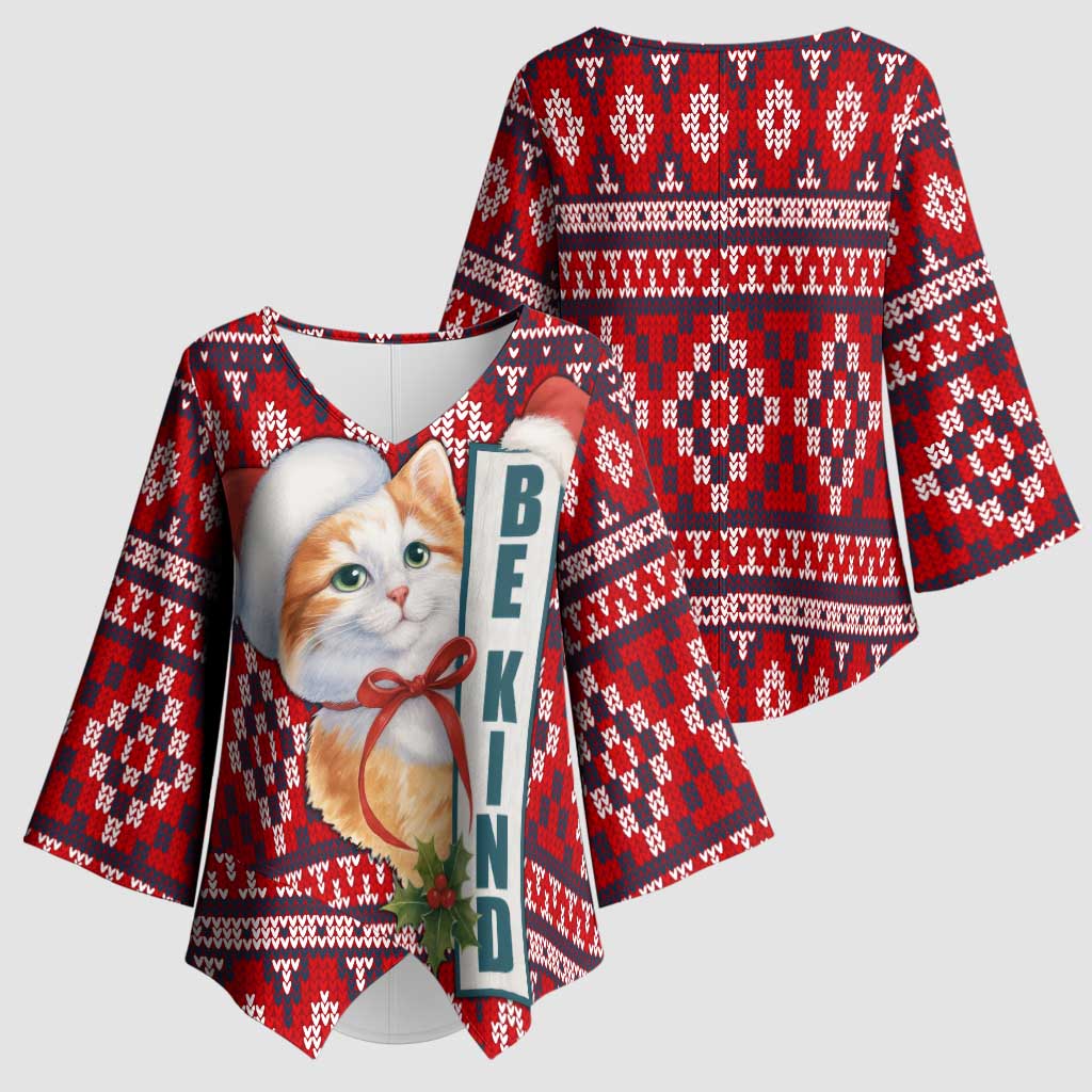 Cat Be Kind Christmas Kimono Sleeve Blouse Xmas Holiday Patterns - Wonder Print Shop