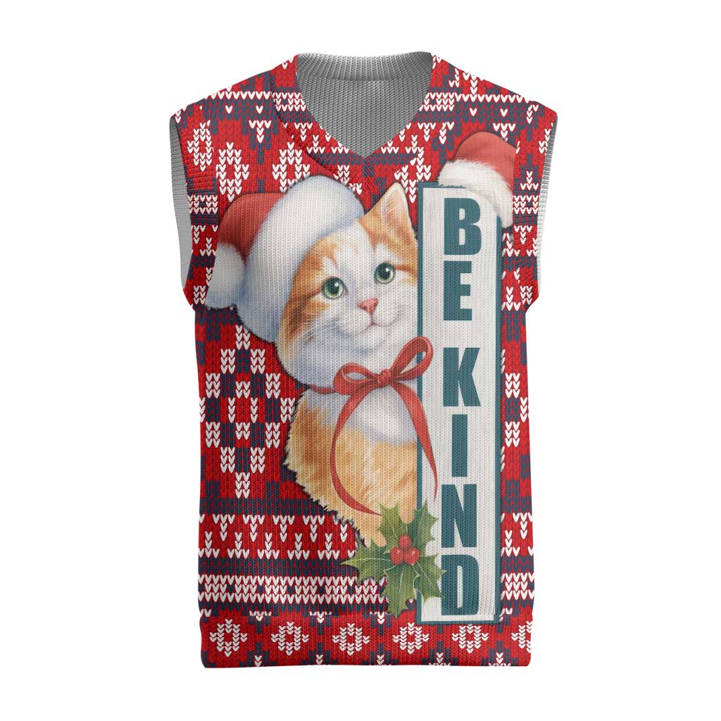 Cat Be Kind Christmas Knitted V-Neck Vest Xmas Holiday Patterns - Wonder Print Shop