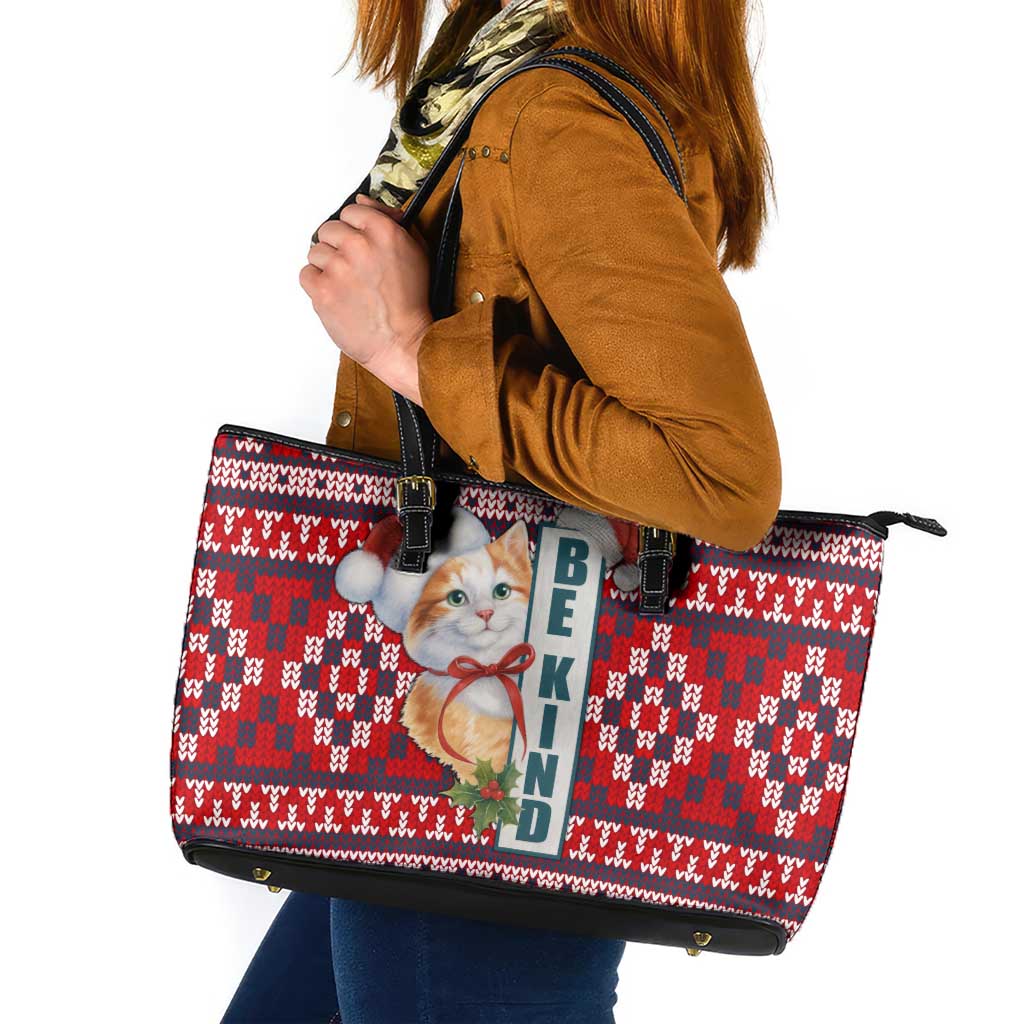 Cat Be Kind Christmas Leather Tote Bag Xmas Holiday Patterns - Wonder Print Shop
