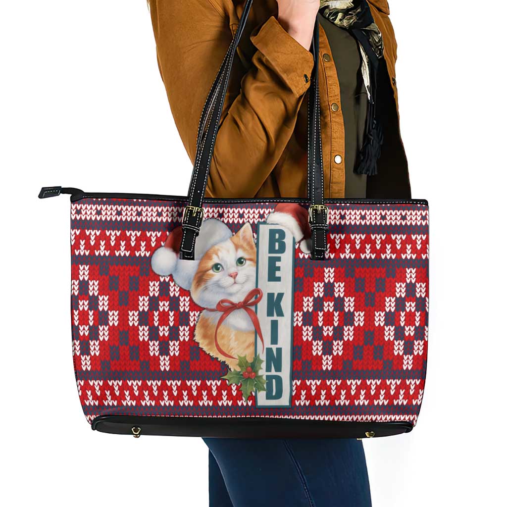 Cat Be Kind Christmas Leather Tote Bag Xmas Holiday Patterns - Wonder Print Shop