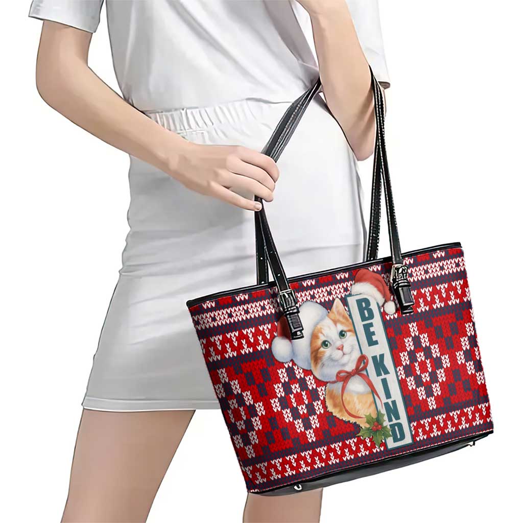 Cat Be Kind Christmas Leather Tote Bag Xmas Holiday Patterns - Wonder Print Shop