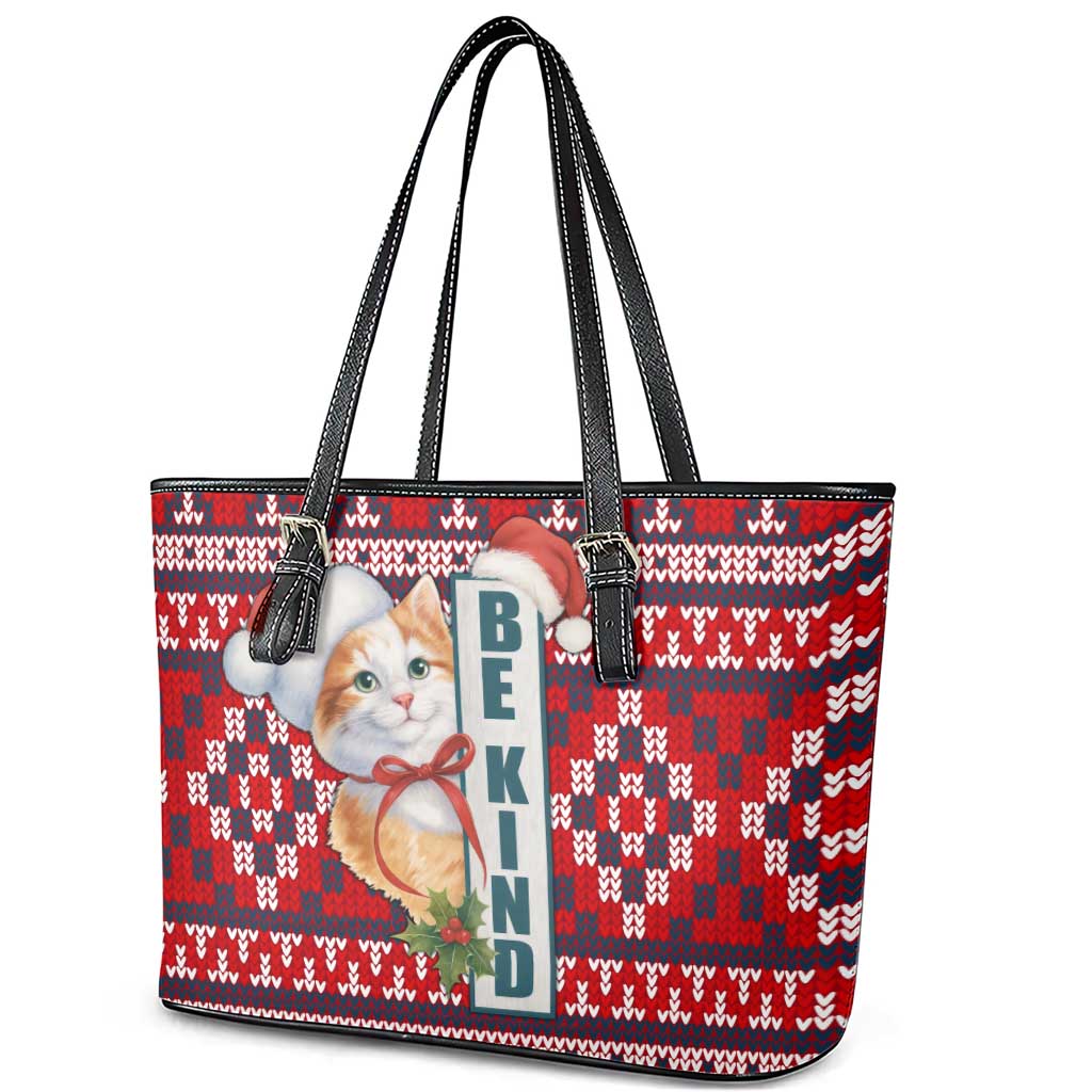 Cat Be Kind Christmas Leather Tote Bag Xmas Holiday Patterns - Wonder Print Shop