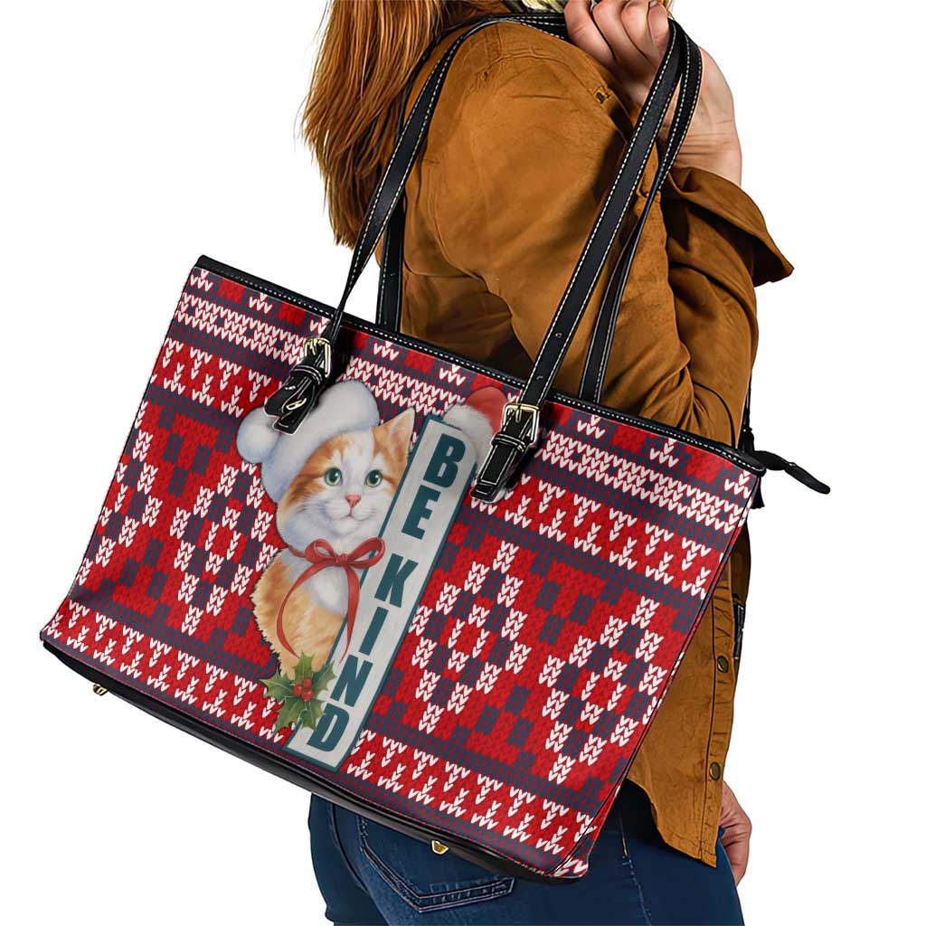 Cat Be Kind Christmas Leather Tote Bag Xmas Holiday Patterns - Wonder Print Shop