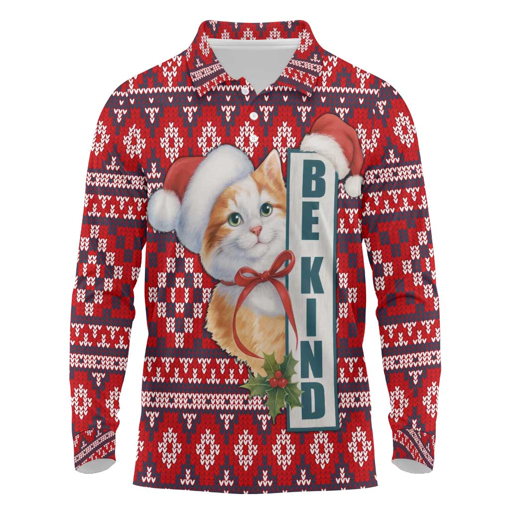 Cat Be Kind Christmas Long Sleeve Polo Shirt Xmas Holiday Patterns - Wonder Print Shop