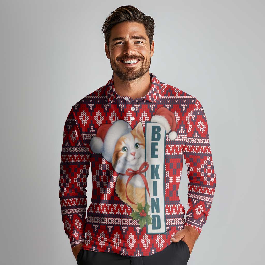 Cat Be Kind Christmas Long Sleeve Polo Shirt Xmas Holiday Patterns - Wonder Print Shop