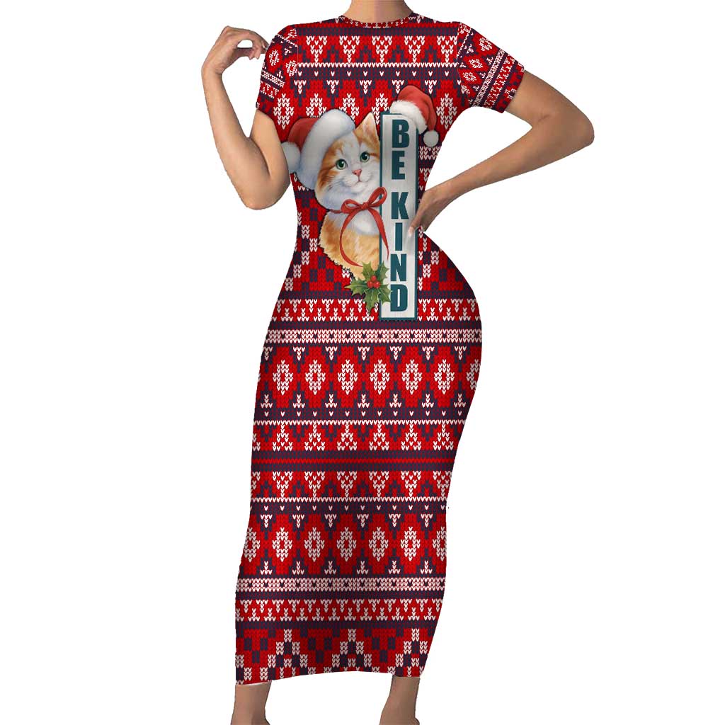 Cat Be Kind Christmas Short Sleeve Bodycon Dress Xmas Holiday Patterns - Wonder Print Shop