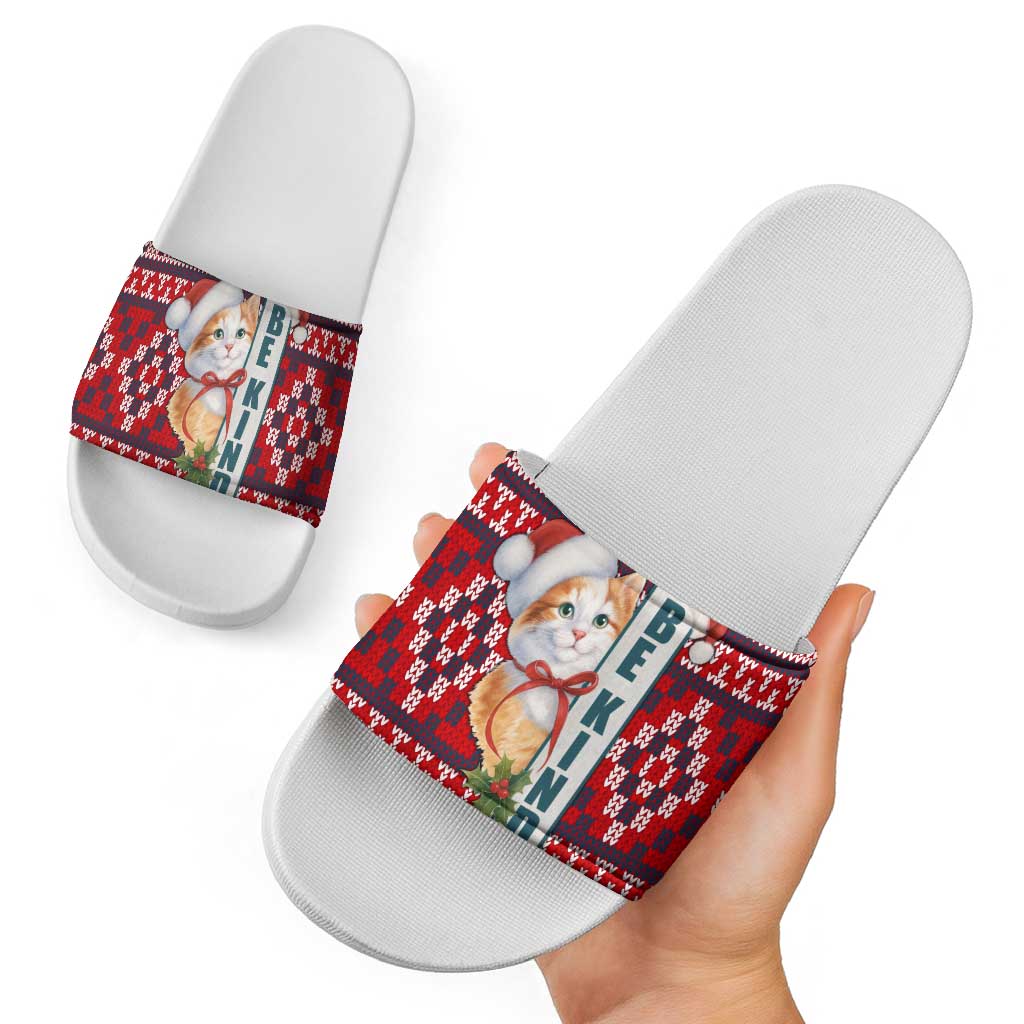 Cat Be Kind Christmas Slide Sandals Xmas Holiday Patterns - Wonder Print Shop