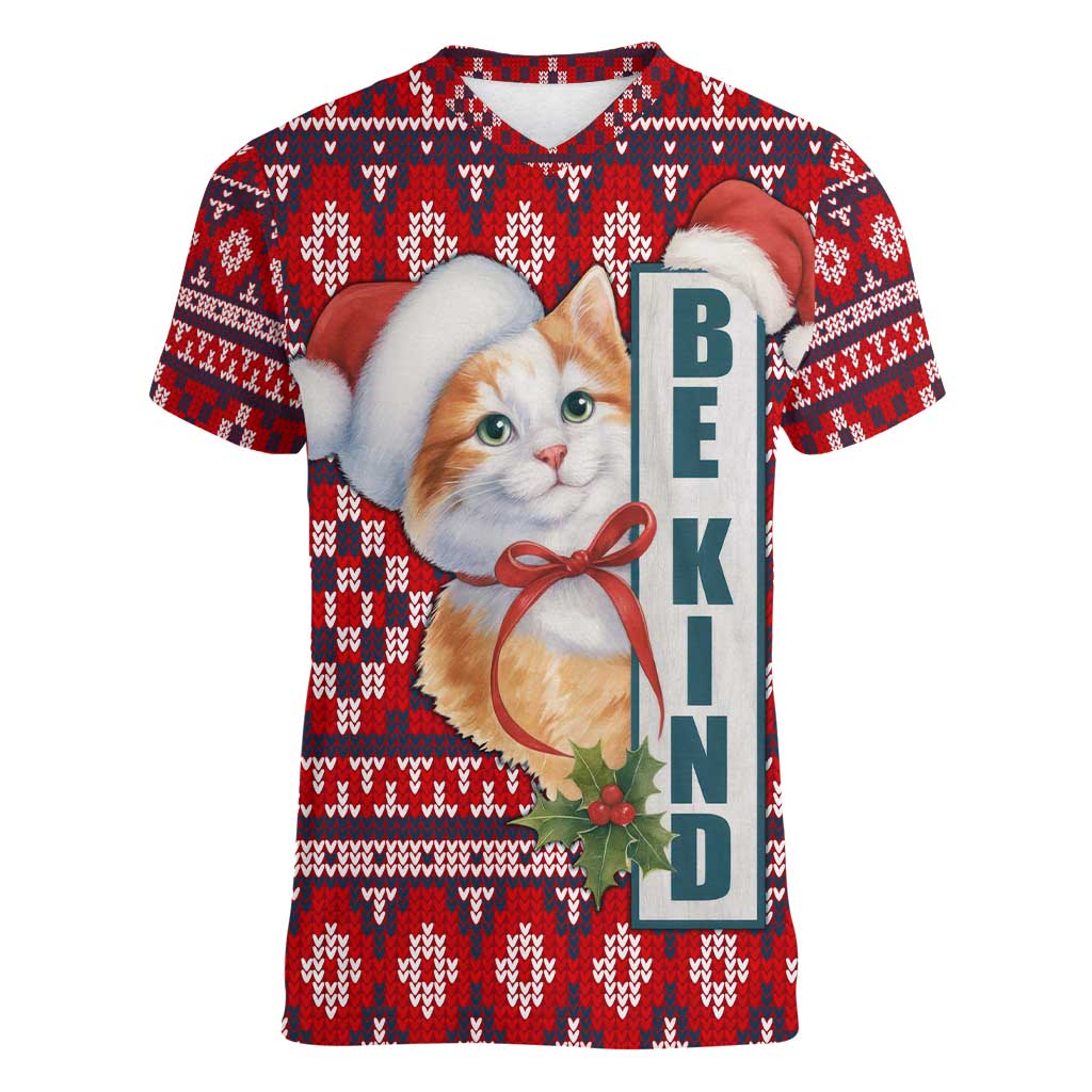 Cat Be Kind Christmas Women V-Neck T-Shirt Xmas Holiday Patterns - Wonder Print Shop