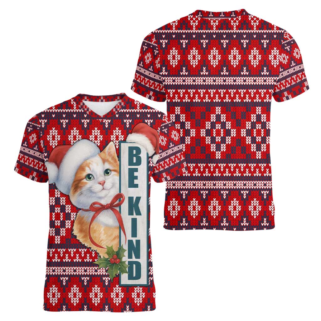 Cat Be Kind Christmas Women V-Neck T-Shirt Xmas Holiday Patterns - Wonder Print Shop
