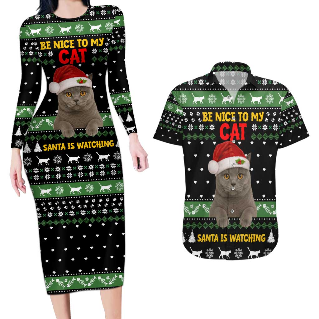 Cat Be Nice Christmas Couples Matching Long Sleeve Bodycon Dress and Hawaiian Shirt Xmas Holiday Patterns - Wonder Print Shop