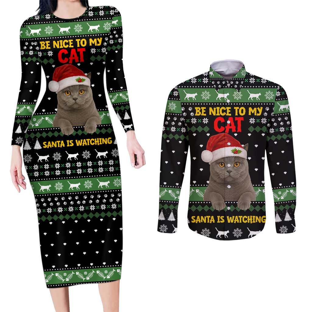 Cat Be Nice Christmas Couples Matching Long Sleeve Bodycon Dress and Long Sleeve Button Shirt Xmas Holiday Patterns - Wonder Print Shop