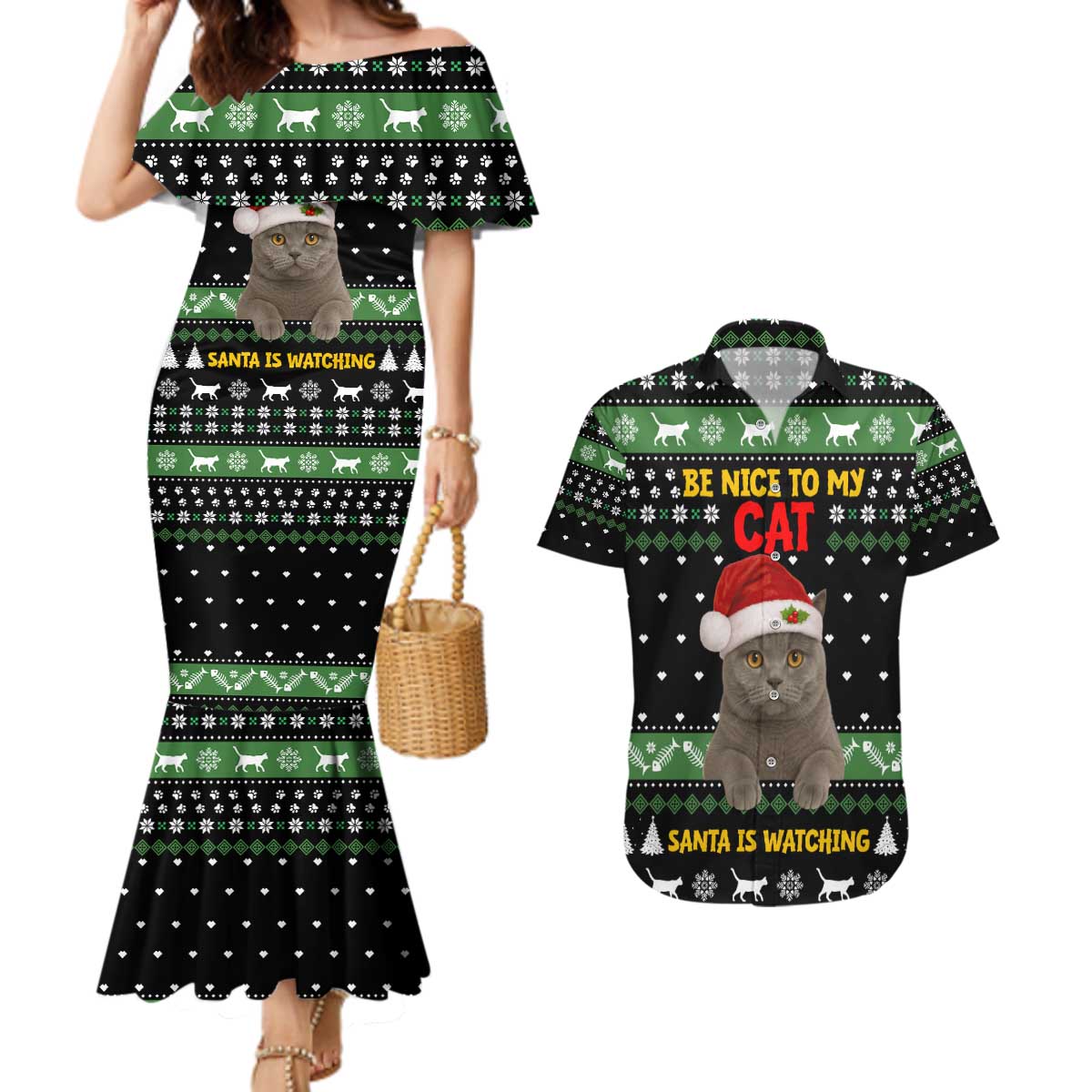 Cat Be Nice Christmas Couples Matching Mermaid Dress and Hawaiian Shirt Xmas Holiday Patterns - Wonder Print Shop