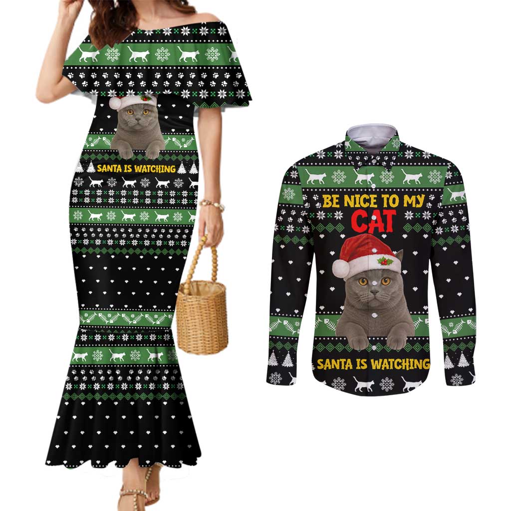 Cat Be Nice Christmas Couples Matching Mermaid Dress and Long Sleeve Button Shirt Xmas Holiday Patterns - Wonder Print Shop