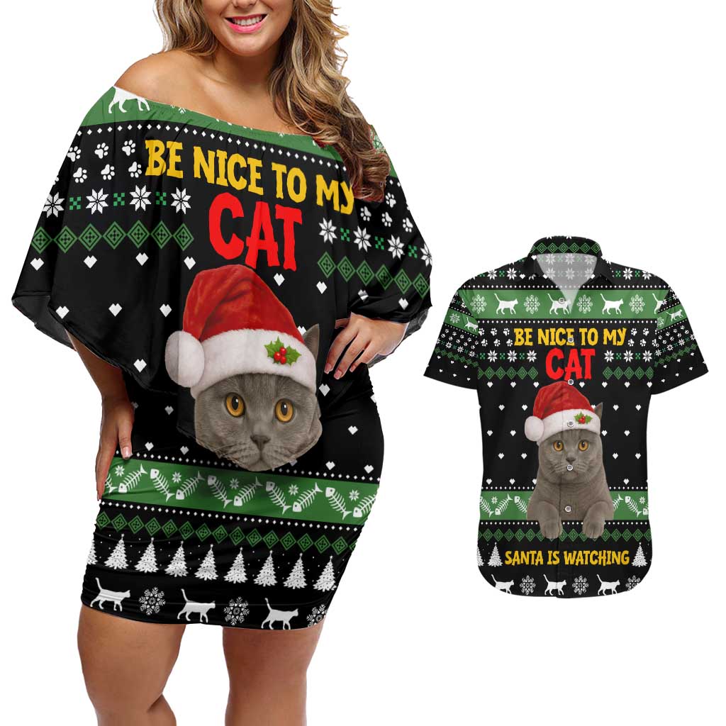 Cat Be Nice Christmas Couples Matching Off Shoulder Short Dress and Hawaiian Shirt Xmas Holiday Patterns - Wonder Print Shop