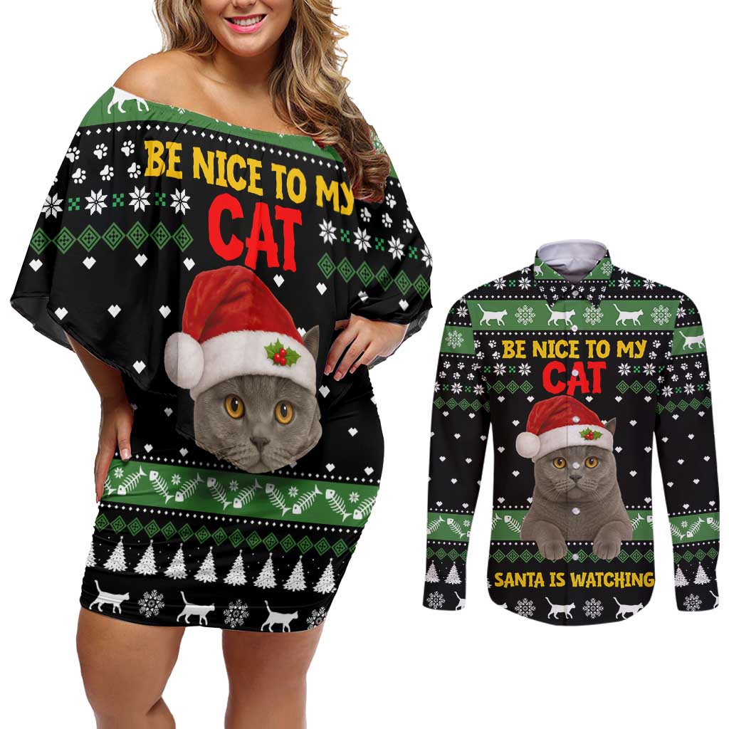 Cat Be Nice Christmas Couples Matching Off Shoulder Short Dress and Long Sleeve Button Shirt Xmas Holiday Patterns - Wonder Print Shop