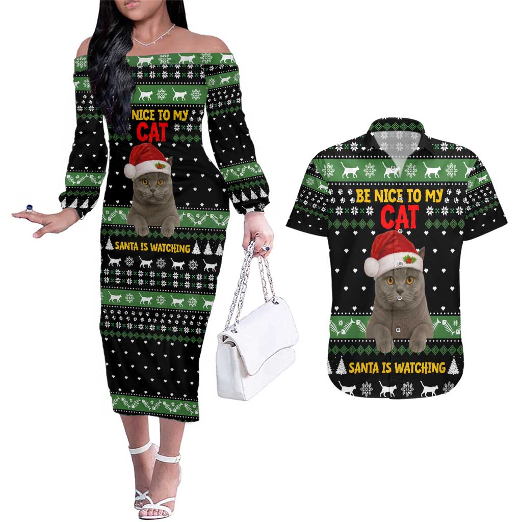 Cat Be Nice Christmas Couples Matching Off The Shoulder Long Sleeve Dress and Hawaiian Shirt Xmas Holiday Patterns - Wonder Print Shop