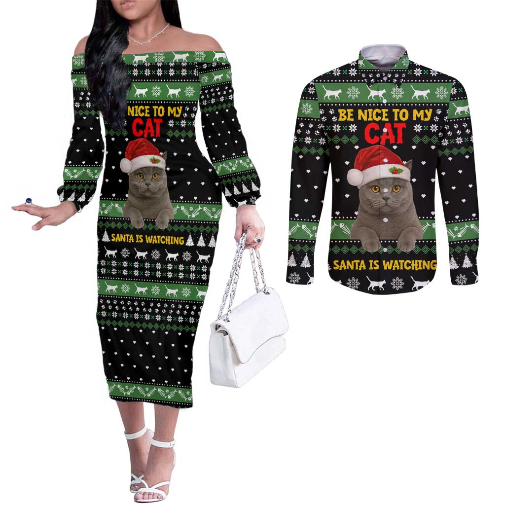 Cat Be Nice Christmas Couples Matching Off The Shoulder Long Sleeve Dress and Long Sleeve Button Shirt Xmas Holiday Patterns - Wonder Print Shop