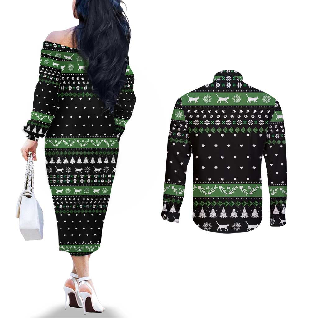 Cat Be Nice Christmas Couples Matching Off The Shoulder Long Sleeve Dress and Long Sleeve Button Shirt Xmas Holiday Patterns - Wonder Print Shop