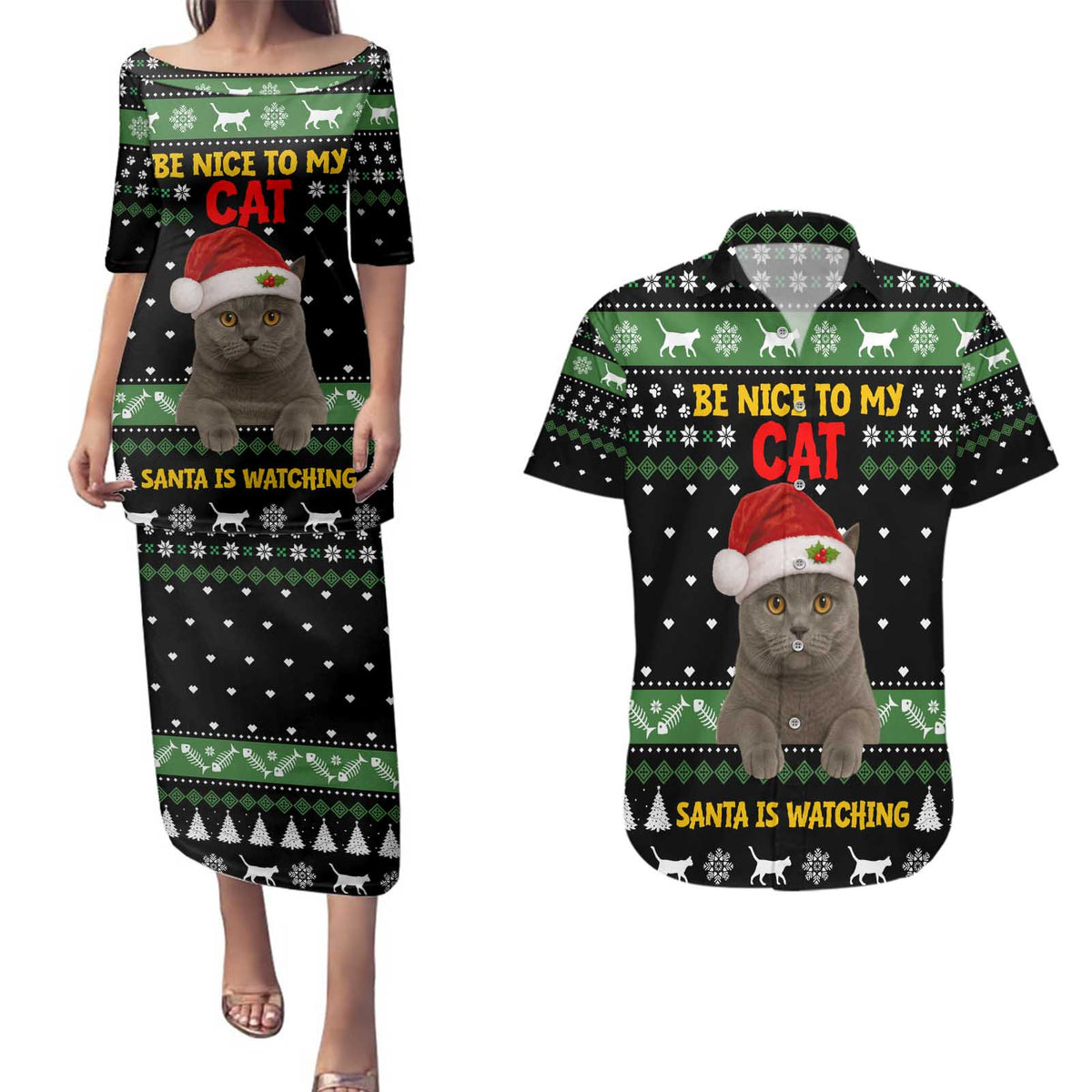Cat Be Nice Christmas Couples Matching Puletasi and Hawaiian Shirt Xmas Holiday Patterns - Wonder Print Shop