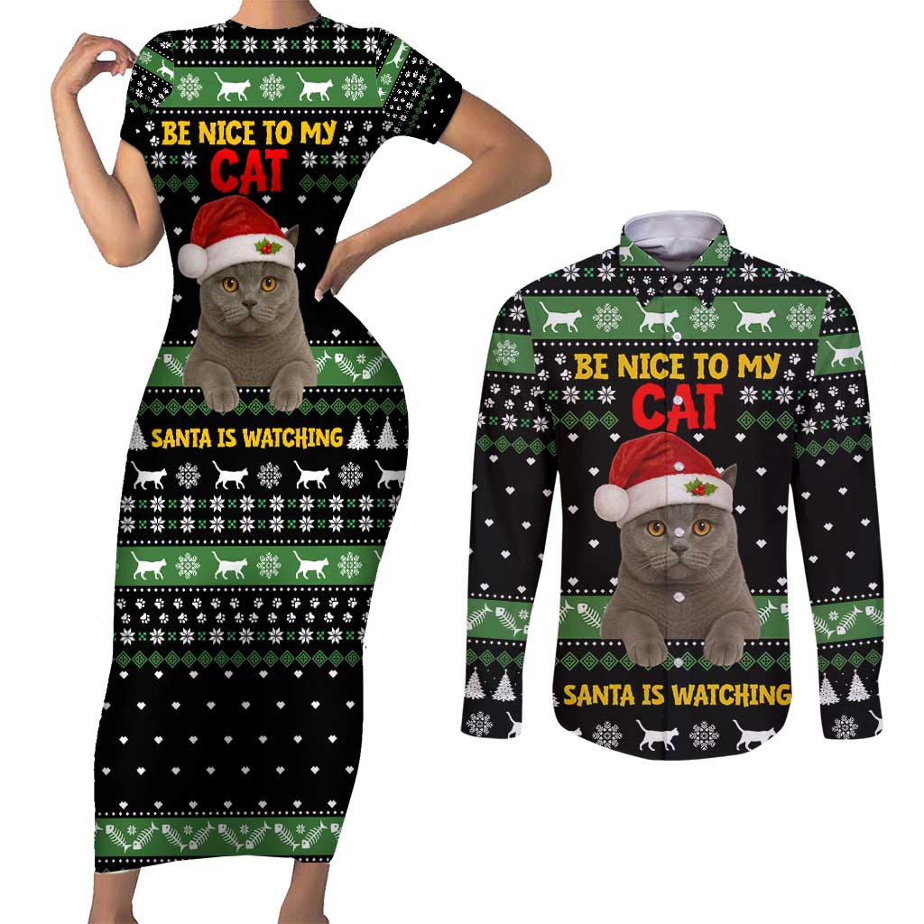 Cat Be Nice Christmas Couples Matching Short Sleeve Bodycon Dress and Long Sleeve Button Shirt Xmas Holiday Patterns - Wonder Print Shop