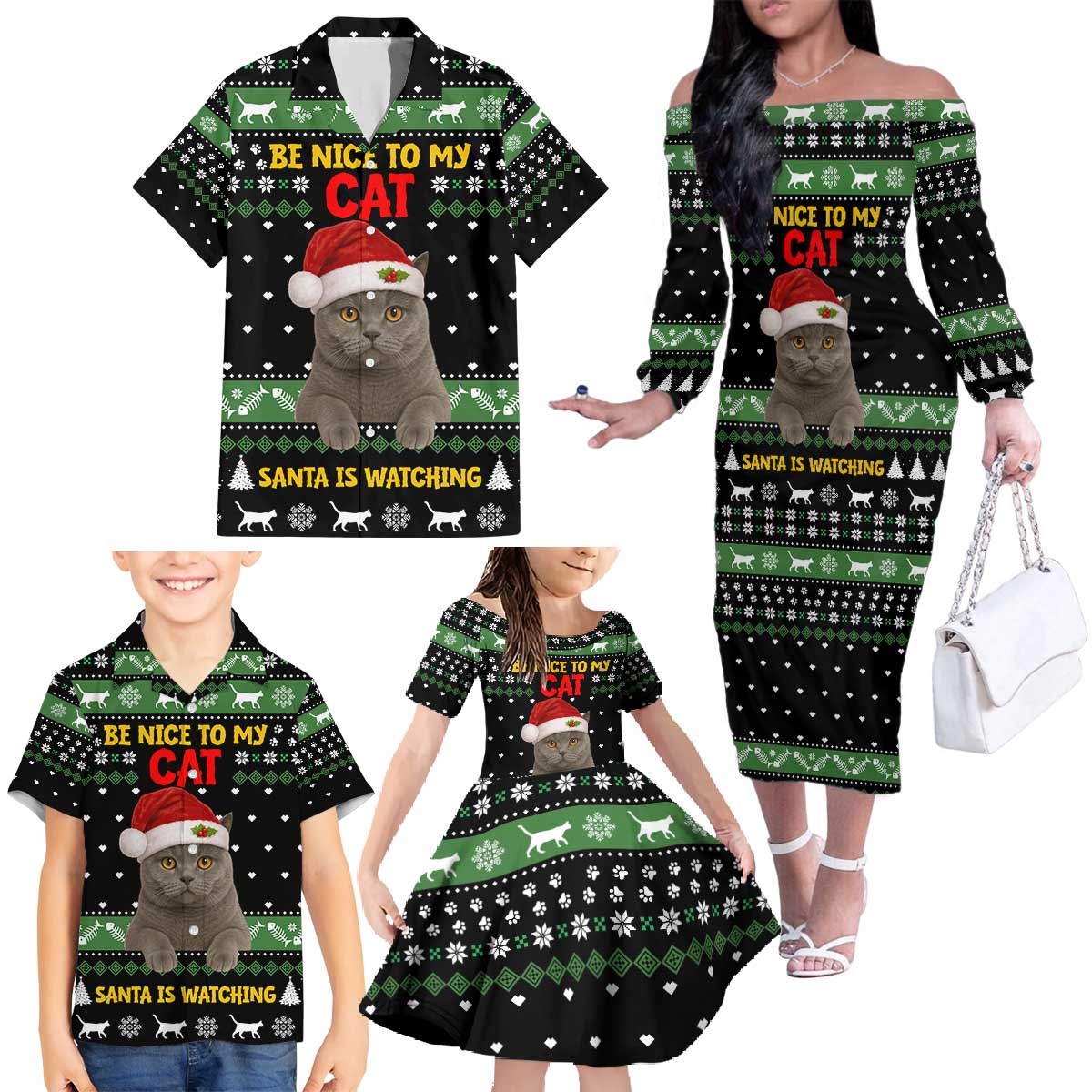 Cat Be Nice Christmas Family Matching Off The Shoulder Long Sleeve Dress and Hawaiian Shirt Xmas Holiday Patterns - Wonder Print Shop