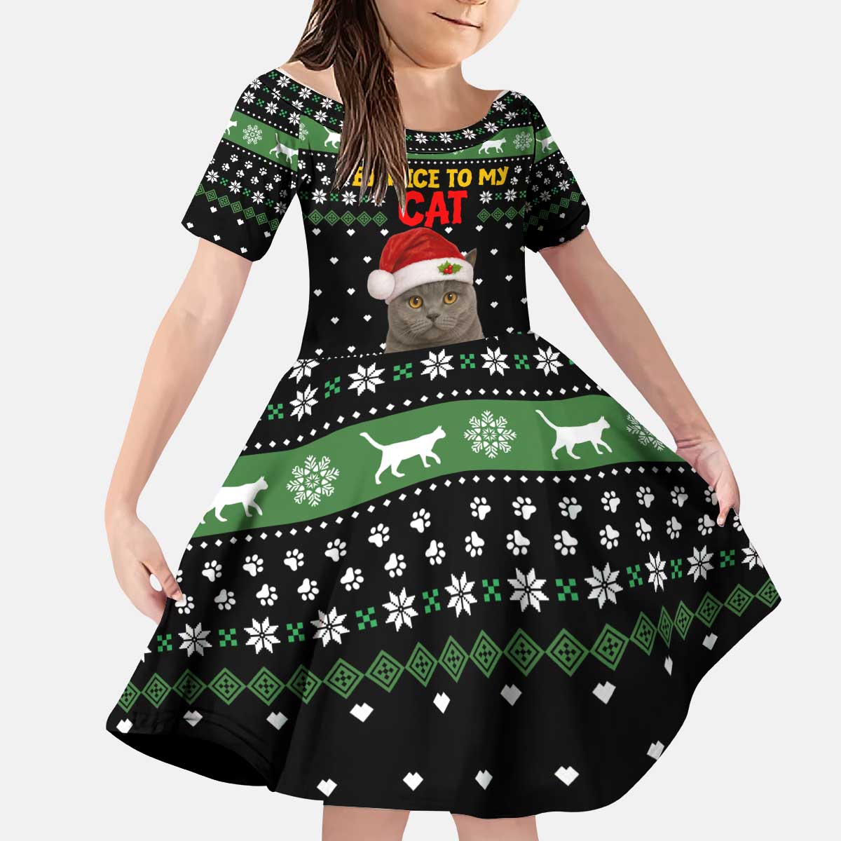 Cat Be Nice Christmas Kid Short Sleeve Dress Xmas Holiday Patterns - Wonder Print Shop