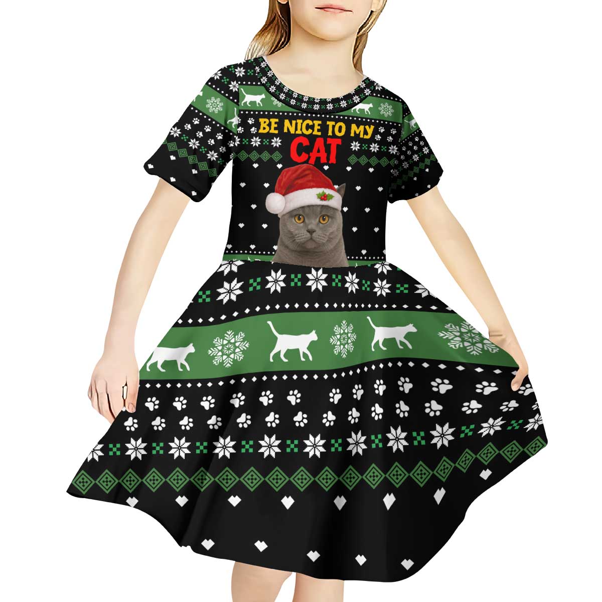 Cat Be Nice Christmas Kid Short Sleeve Dress Xmas Holiday Patterns - Wonder Print Shop