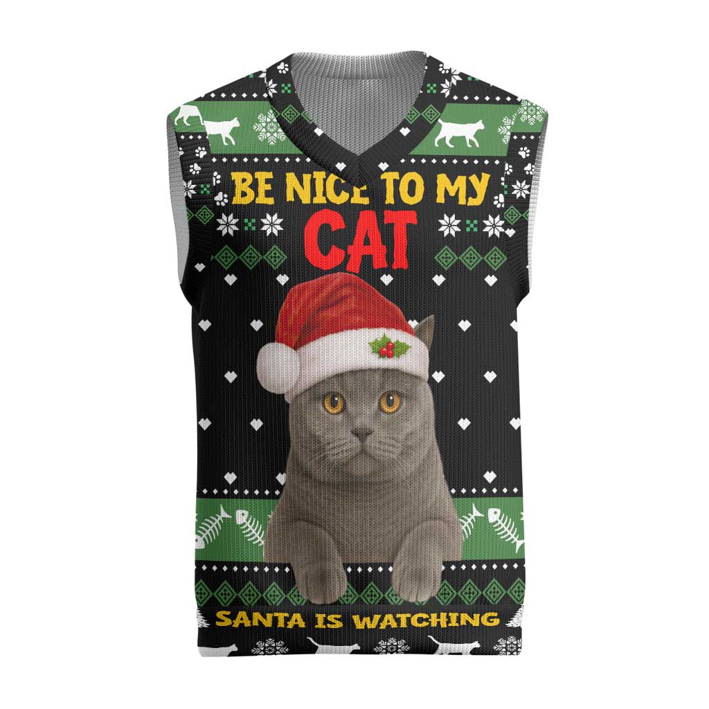 Cat Be Nice Christmas Knitted V-Neck Vest Xmas Holiday Patterns - Wonder Print Shop